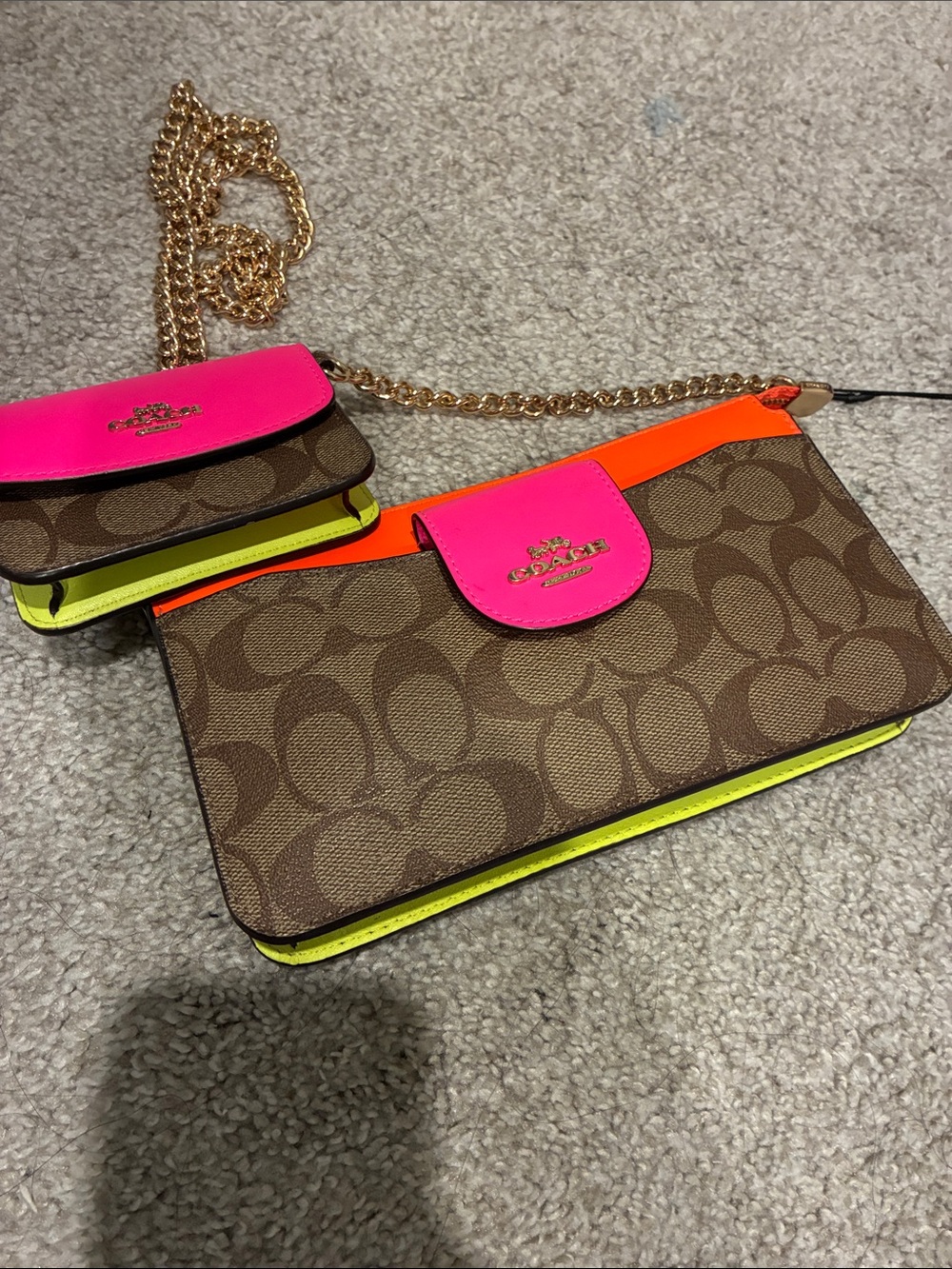 Coach Brown Signature Canvas Crossbody with Neon Pink, Neon Orange & Neon Yellow